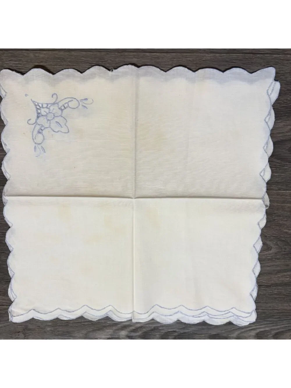 Set 6 Vintage White Linen Napkins Scalloped Blue Embroidered Floral Cottagecore